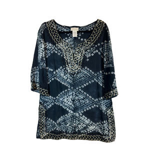 Soft Surroundings S Navy Blue Tie Dye Embellished Embroidered Tunic Top Boho A3